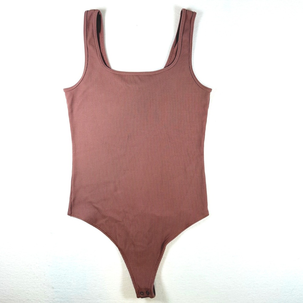 Abercrombie & Fitch Soft A&F Ribbed Scoop Neck Thong Bodysuit Mauve Medium